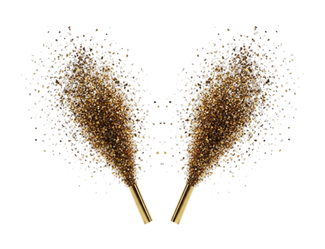 Two golden party poppers exploding with confetti isolated on transparent background, perfect for celebrating a special occasion or event