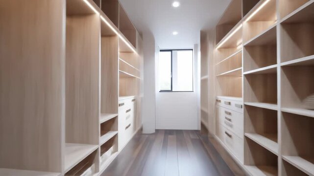 A spacious, modern walk-in closet with ample shelving and hanging space, illuminated by ambient lighting