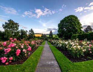 Beautiful Rose Garden Pathway in Sunlight.