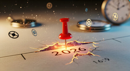 Red push pin stuck and marking the year "2026" on a calendar, planner brown paper surface 