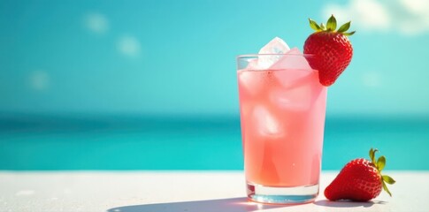 Pink strawberry cocktail, ice, summer sun Light blue background , sunlight, trendy