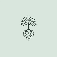Tree with roots shaped heart line art minimalist logo.