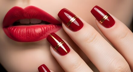 Woman with red lips and elegant red manicure with gold stripes isolated on White Background