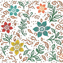 Seamless batik floral plant pattern. Traditional batik leaf and flower design. Indonesian batik botanical ornament. Decorative floral seamless background.Elegant batik plant motif vector. Batik flower