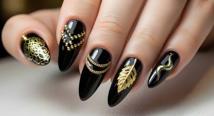 Black manicure with golden decorations isolated on White Background