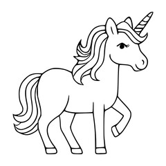 Stylized unicorn with flowing mane and tail, a spiral horn, and a gentle expression, presented as a clean line art vector illustration on a white background.