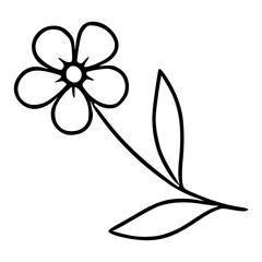 Minimalist vector illustration of a single blooming flower with five petals and two leaves on a stem.