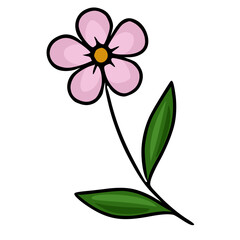 Simple pink flower with green leaves and a yellow center, presented as a clean vector illustration on a white background.