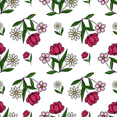 Seamless vector pattern of delicate pink and white flowers with vibrant green leaves on a clean white background, evoking a fresh spring aesthetic.