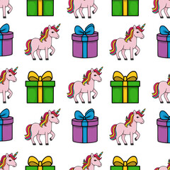 Seamless vector pattern featuring cute pink unicorns with rainbow manes and tails, paired with brightly colored gift boxes in purple and green with ribbon accents, set against a clean white backgro...
