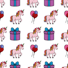 Obraz premium Seamless vector pattern featuring charming pink unicorns with rainbow manes, festive gift boxes, and colorful heart balloons on a white background, perfect for whimsical designs.