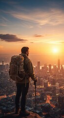 Fototapeta premium Man With Backpack Overlooks City Skyline At Sunset From High Vantage hiker