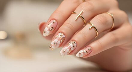 Elegant Hand with Delicate Floral Nail Art, Gold Leaf, Rhinestones, and Gold Rings isolated PNG with Transparent Background