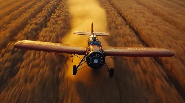 Aerial view of a crop duster plane spraying a field at sunset.