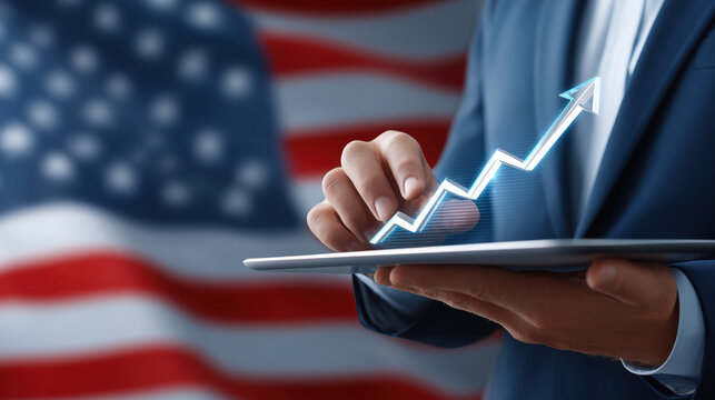 Businessman using digital tablet with rising financial chart against US flag background