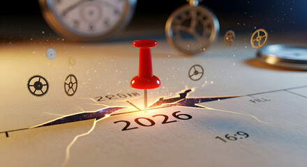 Red push pin stuck and marking the year "2026" on a calendar, planner brown paper surface 