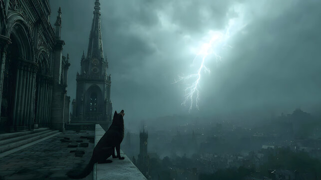 Dark Gothic Cathedral with Wolf Watching Lightning Storm
