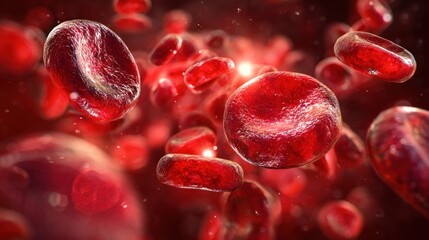 Dynamic background of red blood cells and plasma flowing inside blood vessels, microscopic medical illustration style, vibrant crimson and deep red tones, soft glowing highlights, detailed cellular.