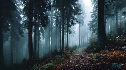 Obraz premium Atmospheric photograph of a silent, dense forest on a moody, foggy morning. The tall, imposing trunks of trees disappear into the mist above a ground covered in autumn leaves.