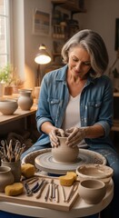 Mature woman with gray hair creating pottery on a wheel in a studio ceramic