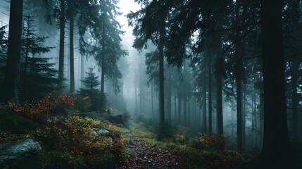 Obraz premium Atmospheric photograph of a silent, dense forest on a moody, foggy morning. The tall, imposing trunks of trees disappear into the mist above a ground covered in autumn leaves.