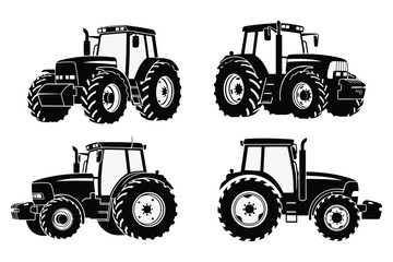 Vector art of a collection of black and white tractor silhouettes, featuring various models for agricultural, farming, and transportation themes in graphic design