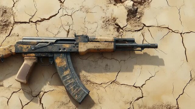 AK 47 Assault Rifle on Dry Cracked Desert Ground.