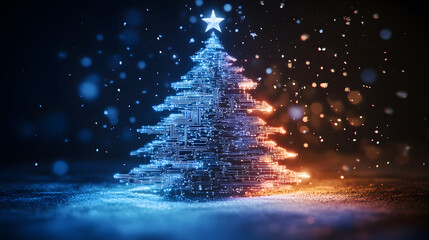 Futuristic Digital Christmas Tree with Glowing Circuits