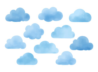 Watercolor clouds set isolated on white background. Blue shades skyscapes illustration for children’s illustrations, fantasy art, dreamy sky, and weather-themed design.