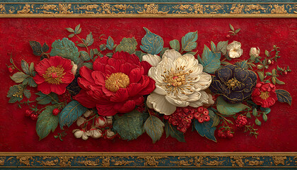 Elegant gold border with clean lines on rich red background. Traditional ornate decorative frame with vintage floral detail. Luxurious heritage design, stylish, refined craftsmanship suitable for