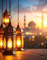 Obraz premium Two ornate lanterns suspended from delicate chains, casting a warm glow, with intricate designs and soft light illuminating the surrounding area.