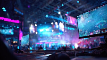 Dynamic e-sport background, professional gaming arena with players competing on stage, large LED screens displaying live gameplay, futuristic neon lighting in blue and purple, gaming peripherals like.