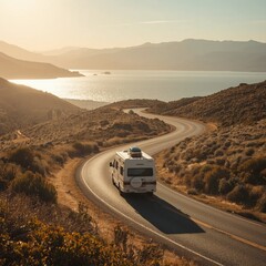 van on the road in desert