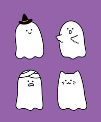 Cute Halloween ghosts set. Hand-drawn, minimalist cartoon characters on purple. Includes a witch hat, mummy, and cat ghost. Perfect for kids' stickers or spooky holiday designs.