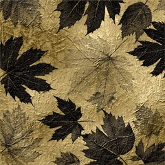 Black maple leaves printed on a gold textured background