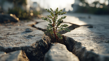 Green Plant Sprouting from Cracked Pavement in Sunlight
