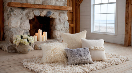 a cozy living room features a stone fireplace surrounded by soft pillows and a textured rug, complemented by glowing candles and a serene beach view outside the window