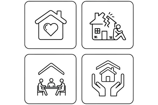Vector art of collection of line art icons depicting home, heart, family, and protection, ideal for real estate, insurance, or social services related designs