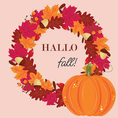 Autumn Wreath with Colorful Leaves , Acorns and Pumpkin