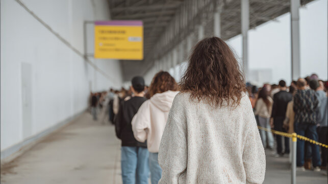 A long queue of diverse people waiting at an airline check-in desk, with a digital display showing information in a modern airport setting