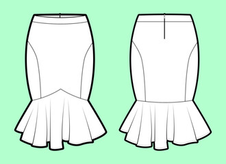 Panel Seam Flounce Hem Mermaid Skirt Technical Flat Sketch