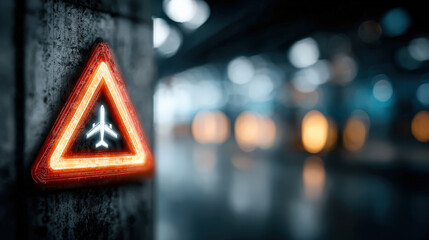 A glowing warning sign in the shape of a triangle features an airplane icon against a blurred industrial background creating a sense of caution and urgency