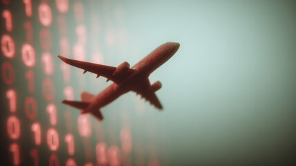 A silhouette of an airplane flying against a backdrop of binary code creating a sense of digital advancement and technology
