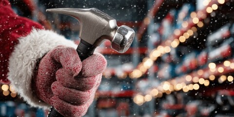 Santa holding hammer in snowy warehouse during holiday season