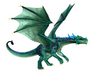 Fototapeta premium A vibrant green dragon with shimmering blue wings and bright yellow feet stands majestically, its scales glistening in the sunlight, exuding a magical aura.