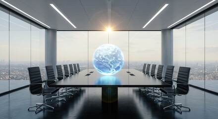 Modern executive boardroom featuring a glowing digital globe, symbolizing global business strategy, technological innovation, and international collaboration in a high-rise corporate environment