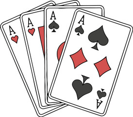 A set of four playing cards, each displaying an ace with different suits, isolated on white background, creates a classic and recognizable image associated with games and chance