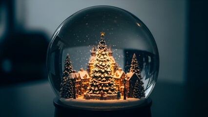 A snow globe containing a miniature Christmas tree and village scene, illuminated with warm, golden light.