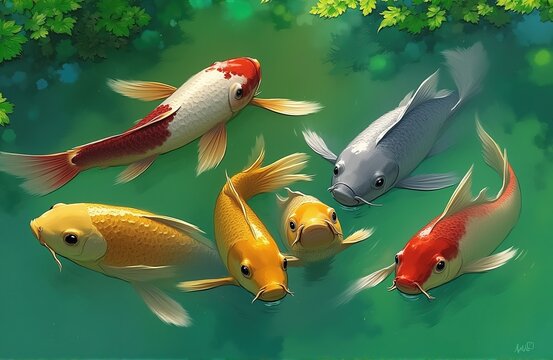 Koi Swimming: Vibrant Art of Watercolor with Auspiciousness
