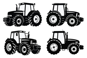 Vector art of collection of four tractor silhouettes, showcasing different models and perspectives, ideal for agricultural, farming, and machineryrelated themes